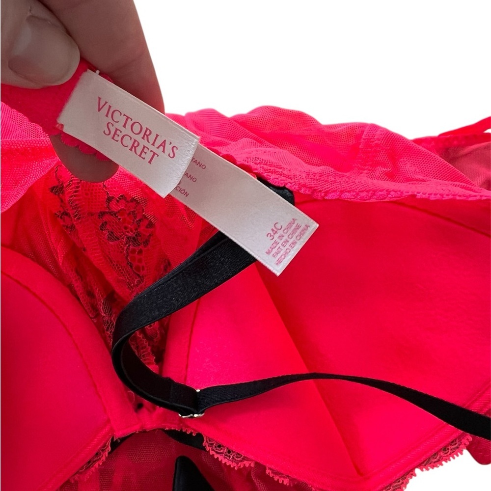 Victoria’s Secret Babydoll Lingerie Set Hot Pink Black Frills Bows size 36 C - Picture 3 of 5